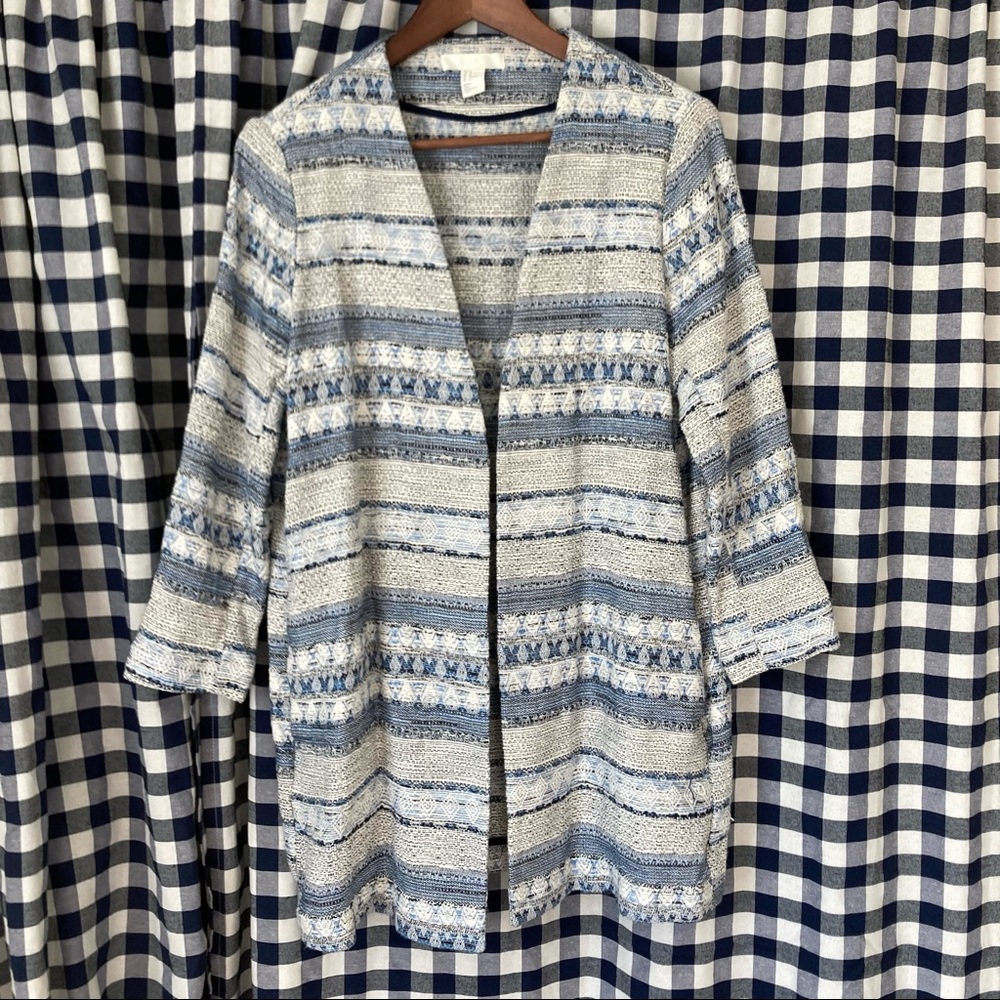 H&M Blue & White Jacquard Open Front Longline Jacket - Picture 2 of 5